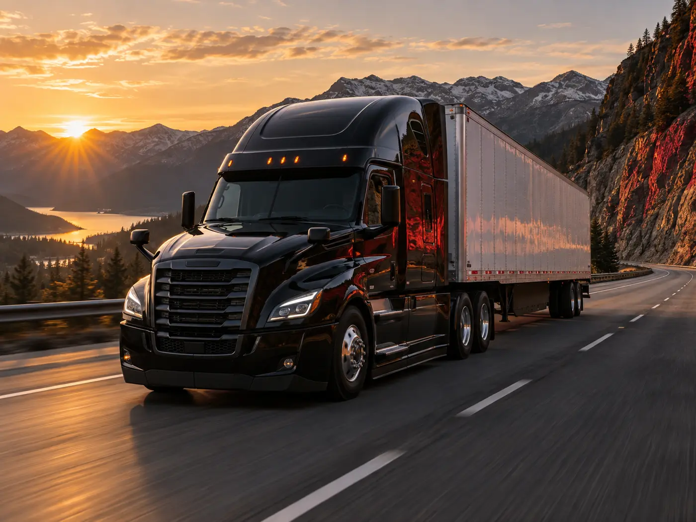 Black tractor and 53-foot dry van moving through California
